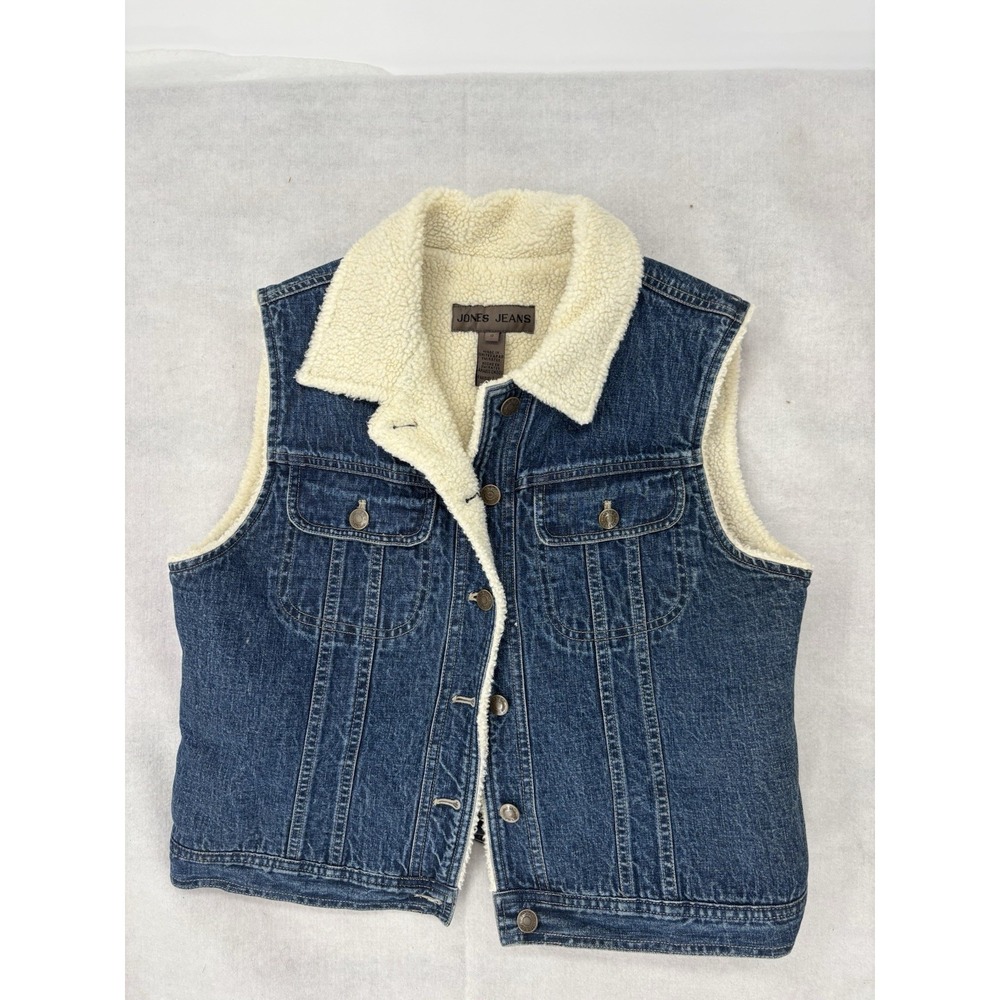 Vintage Jones Jeans Blue Denim Vest Sherpa Lined Trucker Jacket Womens 8
